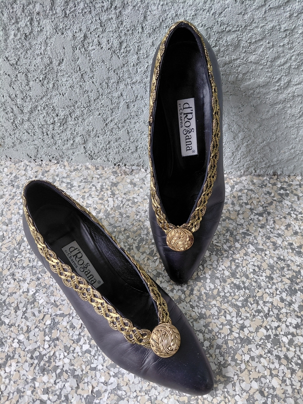 Vintage D'Rosana Italy Black Leather Gold Braid Jewel Ornament Pump Size 7 - Picture 2 of 8